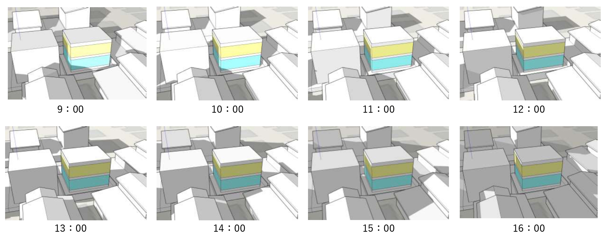 めいっぱい敷地に建てられた箱型の家の日影シミュレーション